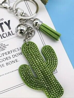 Western Cactus Crystal Rhinestone Keychain Bag Charm With Green Tassel